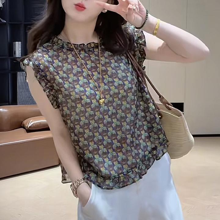 2025夏季新款设计感小众复古碎花木耳边无袖衬衫时尚百搭显瘦上衣
