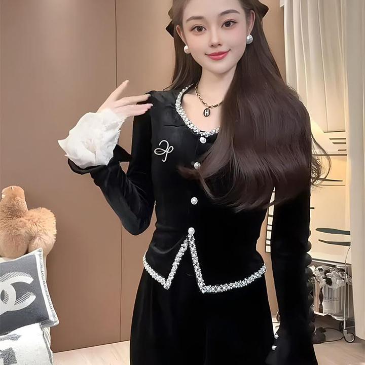 法式蕾丝拼接v领长袖丝绒外套女秋冬季新款修身显瘦气质黑色上衣