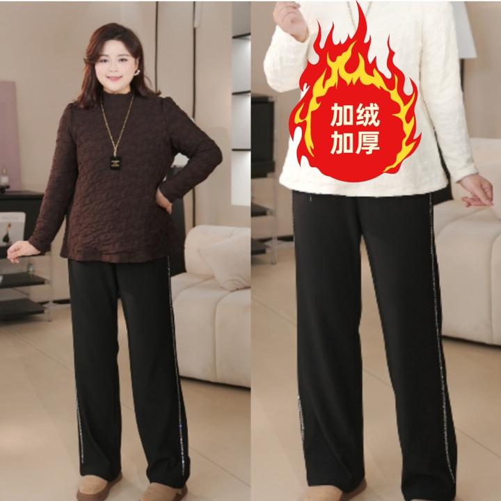 PWD33401【现货仅裤子】加绒加厚侧边烫钻大码女装休闲裤【裤长102】