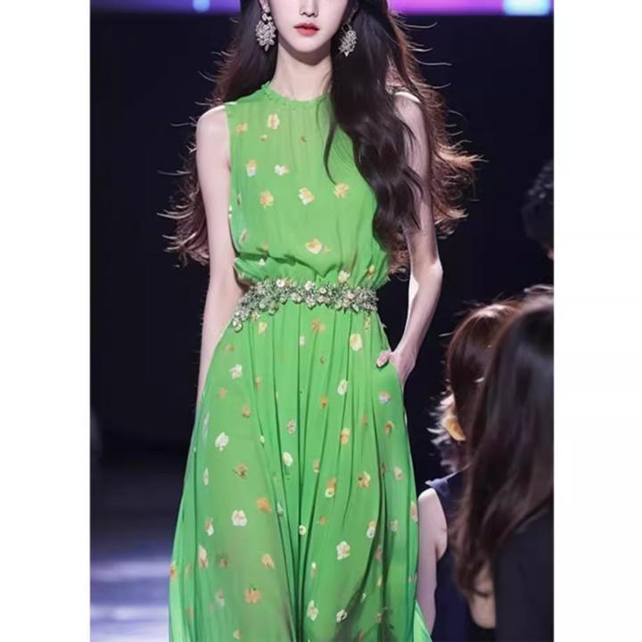 2025新款高端精致收腰长裙法式海边度假绿色碎花背心连衣裙女夏季