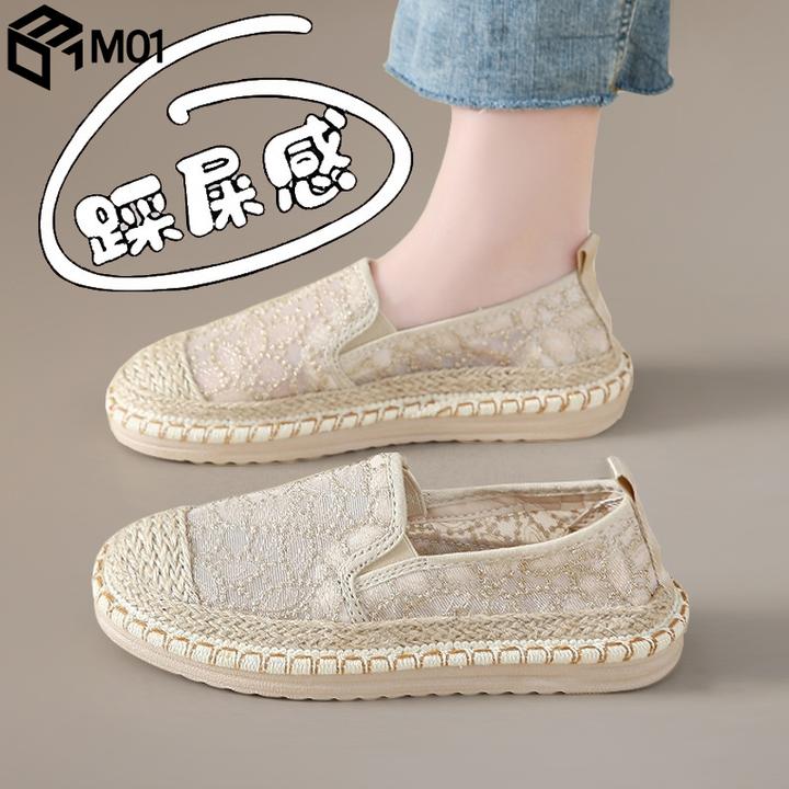 M01老北京布鞋女2025新款夏季透气网面亚麻一脚蹬渔夫鞋平底女鞋