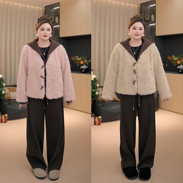 【胖佳佳】现货~小奶糕 加绒海军领毛毛外套冬季减龄百搭H625Z20117