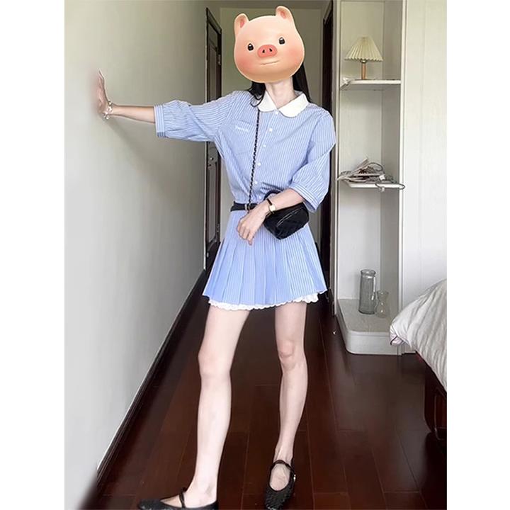 学院风蓝色条纹衬衫连衣裙子女装夏季2025新款小个子气质韩系套装