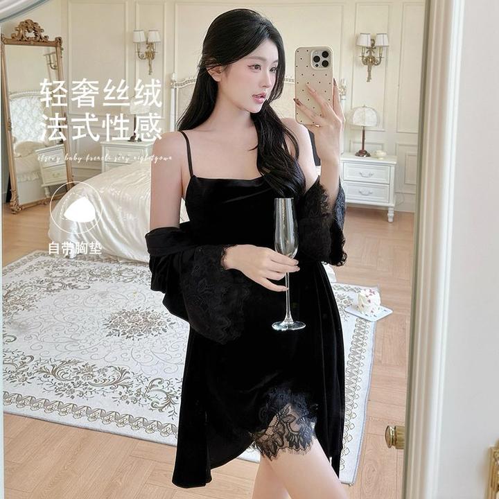 金丝绒睡衣女士秋季纯欲风性感蕾丝花边家居服吊带带胸垫睡裙套装