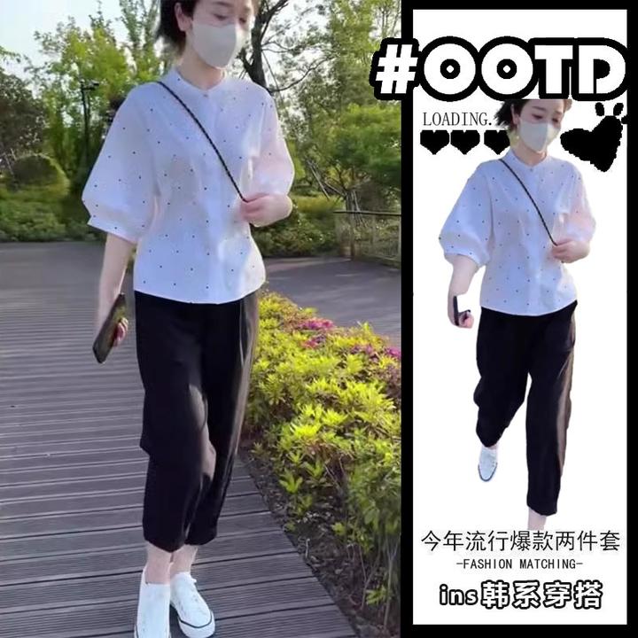 夏装休闲裤子穿搭一整套女韩系立领波点减龄显瘦气质上衣两件套装