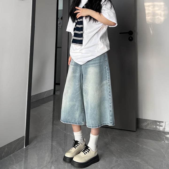 浅色牛仔短裤女夏2025新款大码胖mm显瘦高腰宽松美式阔腿五七分裤