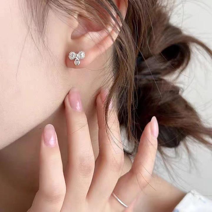 铜合金锆石耳饰 蝴蝶结爱心耳钉女轻奢简约小众设计高级感气质耳