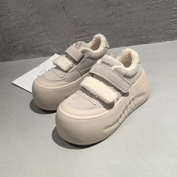 2025年秋冬新款真皮羊羔毛厚底魔术贴超轻加绒保暖松糕鞋面包鞋女