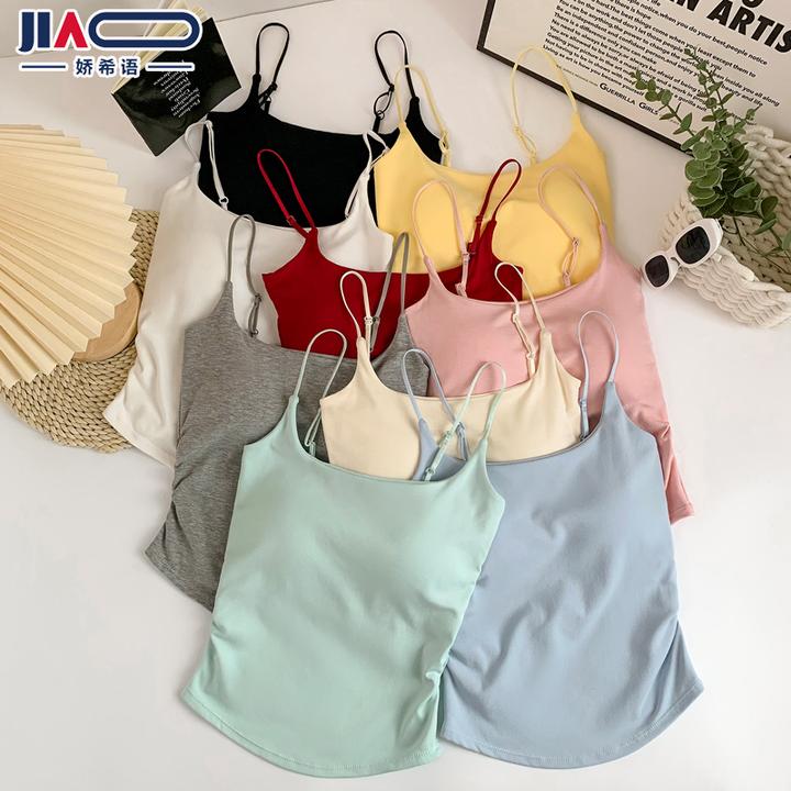 娇希语【运补6-10】春夏新品褶皱吊带背心女带胸垫内搭修身美背上衣