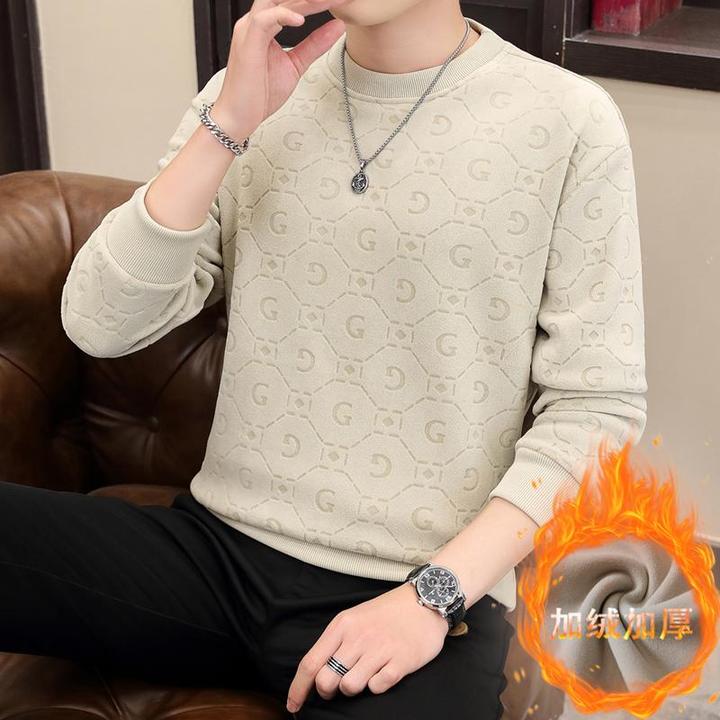 Pmwrun秋冬季圆领暗纹卫衣男士新款加绒加厚潮流印花长袖修身男款