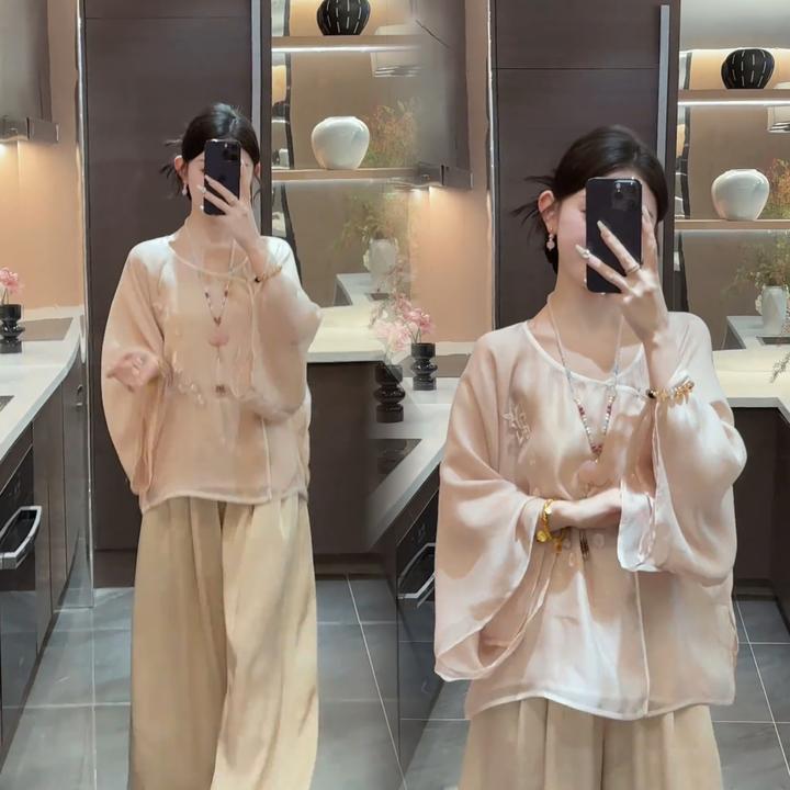 新中式气质温柔刺绣防晒上衣阔腿裤女装2025夏季新款休闲超仙套装