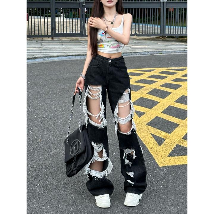 美式黑色高街潮流破洞阔腿牛仔裤女2025夏季新款高腰宽松拖地裤子