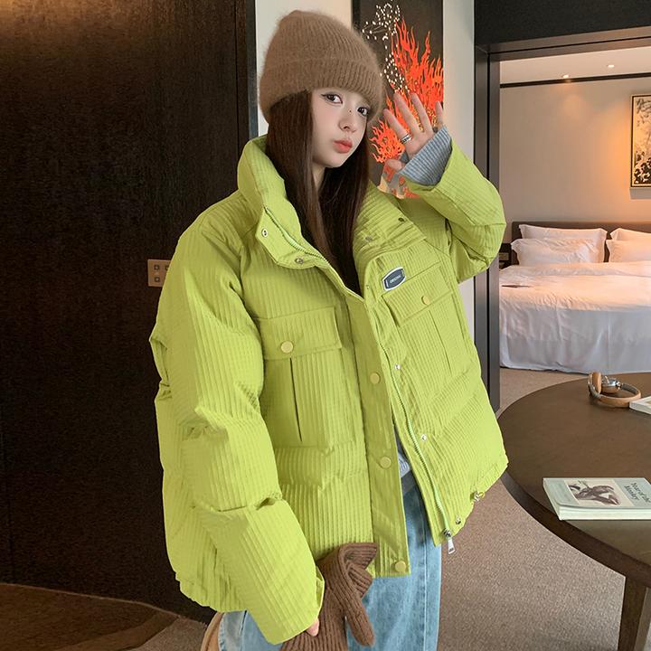 芥末绿华夫格立领短款棉衣女冬季2024新款韩版宽松加厚保暖面包服