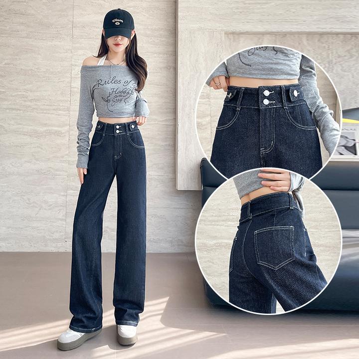 深蓝色直筒牛仔裤女长裤春秋季高腰窄版显瘦阔腿裤小个子九分裤子
