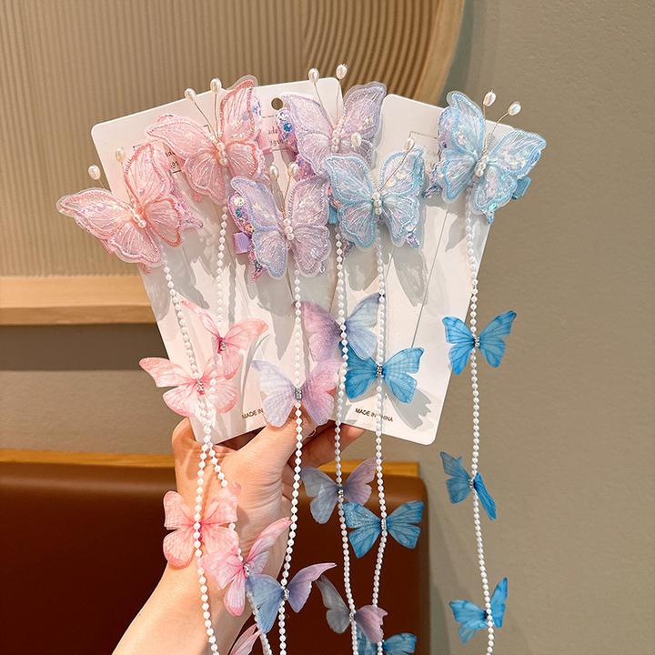 女孩女童2025儿童流苏发夹珠珠彩色链编发马尾立体蝴蝶发饰头饰