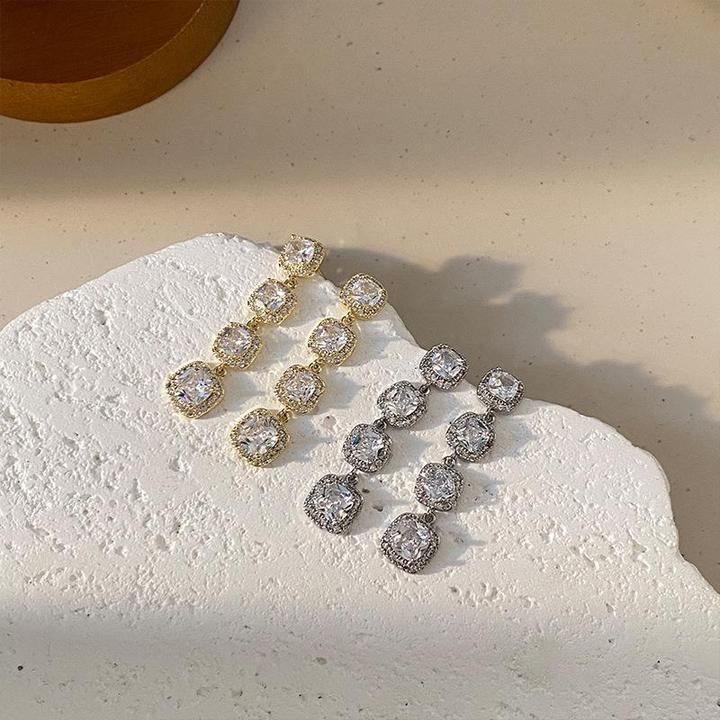 铜合金锆石耳饰 新款时尚方块长款高级满锆设计感大气简约轻奢小