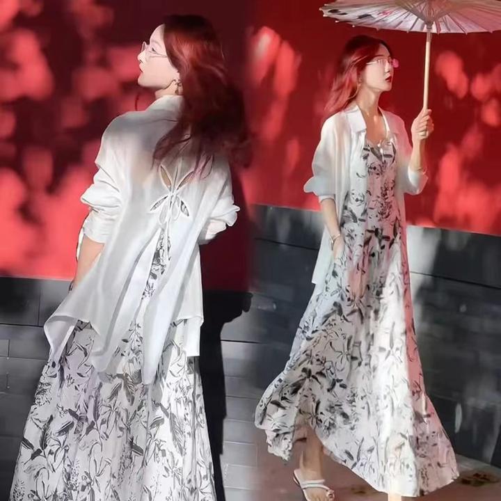 拉夏贝尔连衣裙女2025夏季新款显瘦冰凉衬衫搭配吊带裙子两件套裙