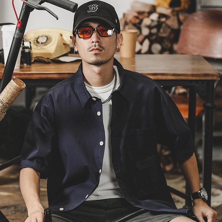 美式复古工装衬衫男短袖宽松2025年新款肌理纯棉日系衬衣男士夏季