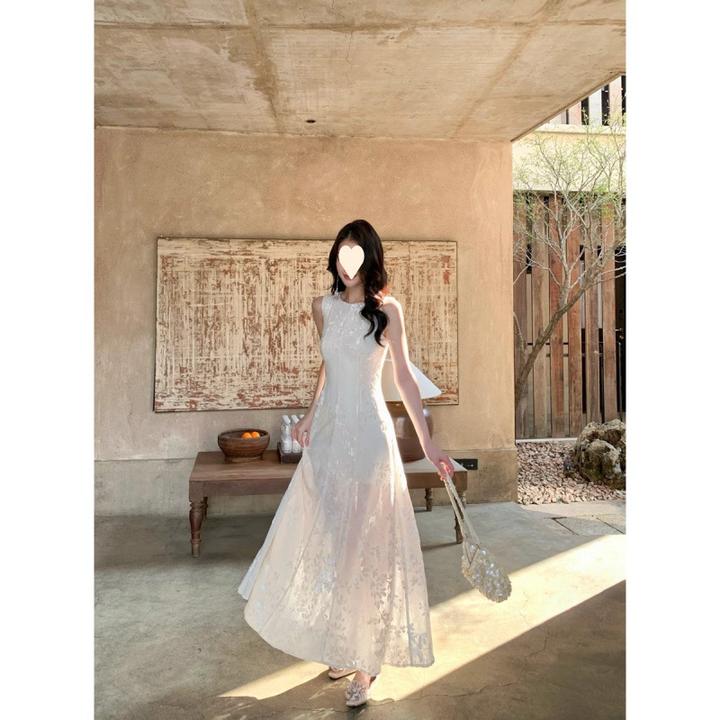 doumppICELOLLY月光女神白色薄纱背心连衣裙子女开春度假穿搭掐腰