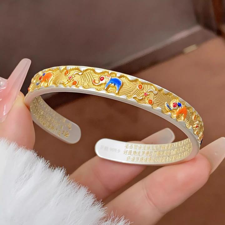 足银手镯 9999纯银【吉象珐琅彩】描金心经实心开口手镯女款送长辈