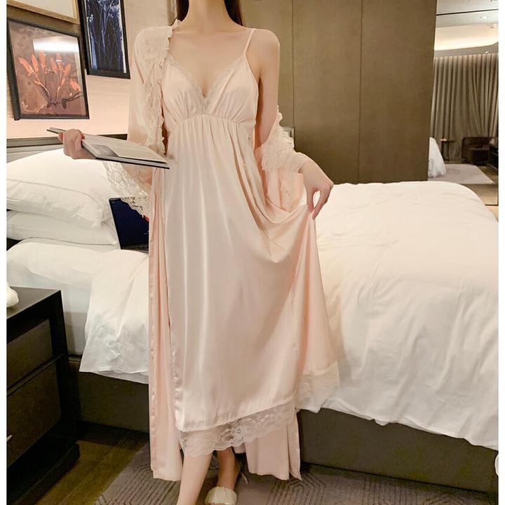 优雅性感蕾丝拼接睡袍+吊带蕾丝睡裙睡衣套装
