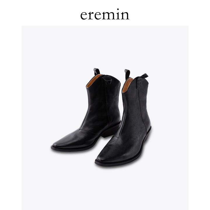 Min 手抓植鞣牛皮尖头粗跟西部靴复古百搭短靴24040