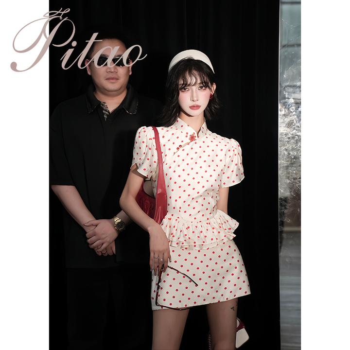 杜屁屁桃PITAO原创【波点罗曼史】短袖时尚波点洋气夏季上衣半裙