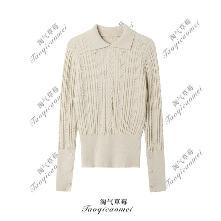 Taoqicaomei · 韩系翻领镂空长袖针织衫女收腰修身显瘦短款上衣