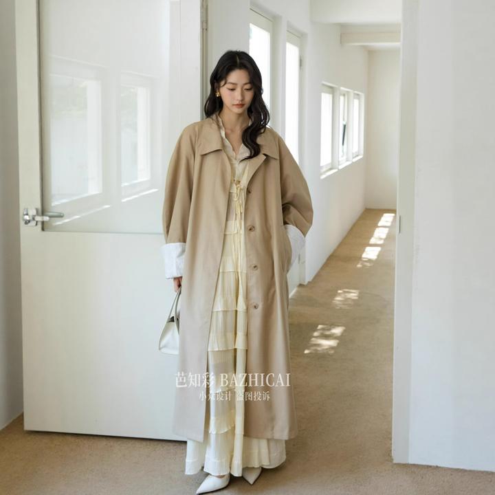 极简翻领廓形风衣女时髦日系大衣秋冬长款气质翻领挽袖外套8025