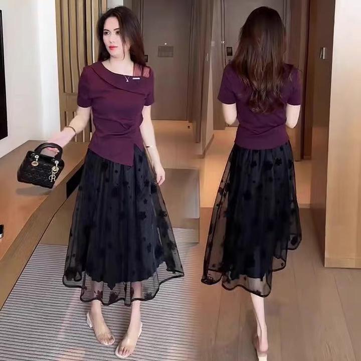 时尚套装裙女2025夏季新款洋气T恤上衣网纱半身裙两件套