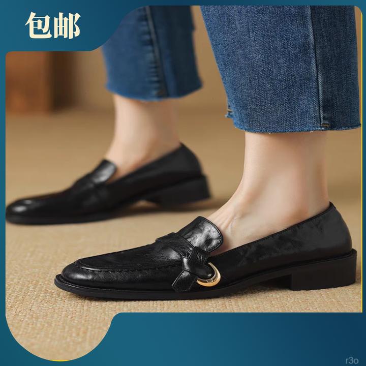 真皮版~中跟乐福鞋女2025春秋新款软底单鞋英伦风复古百搭棕色小