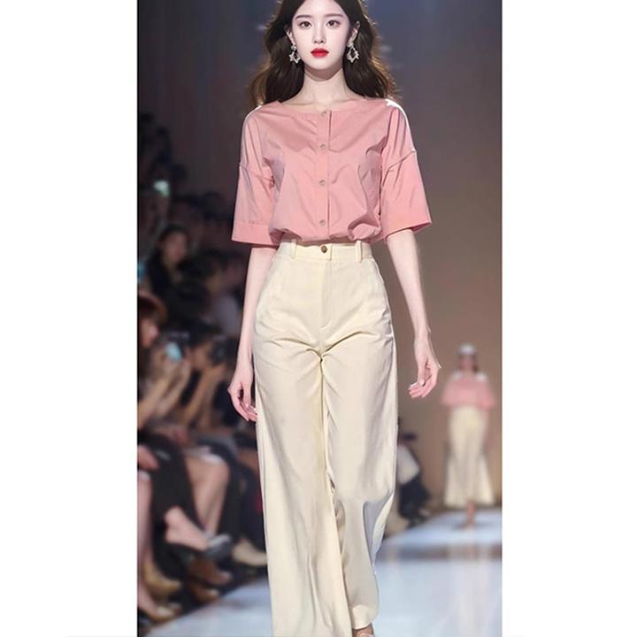 2025超火新款淑气质穿搭盐系韩系时尚清纯甜美通勤衬衫两件套装裤