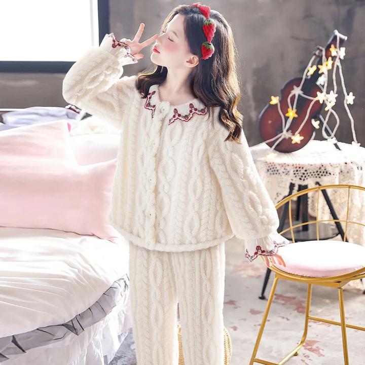 长袖女童珊瑚绒家居服套装秋冬季植物花卉中大童小女孩保暖睡衣