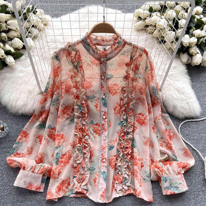 法式甜美印花设计感荷叶边灯笼袖衬衫上衣秋季女装气质别致雪纺衫