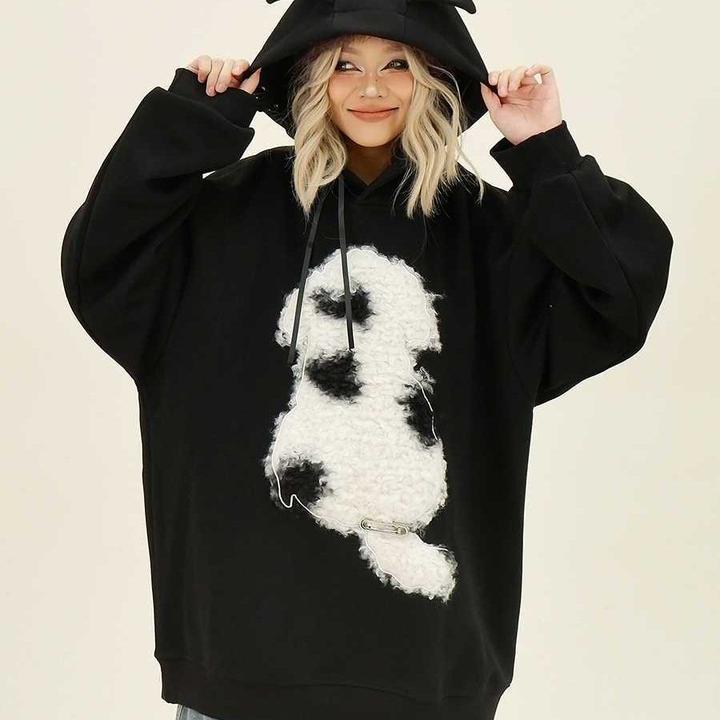 大码连帽卫衣女秋冬新款小狗刺绣宽松情侣款百搭潮流加绒上衣