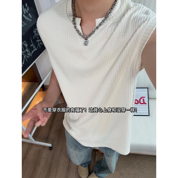 美式肌理感V领背心男夏季薄款褶皱无袖T恤高级感痞帅运动汗衫坎肩