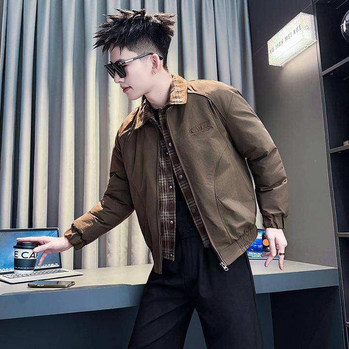 格子拼接假两件棉衣外套男款冬季加厚保暖翻领潮牌痞帅棉服夹克男