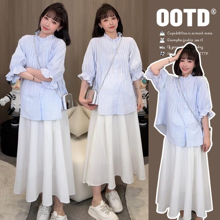 孕妇装新款孕妇春款温柔系炸街奶乖套装泡泡袖宽松气质短袖衬衫配