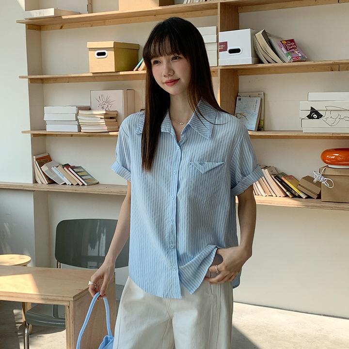 实价#条纹衬衫女夏2025新款设计感小众衬衣休闲宽松