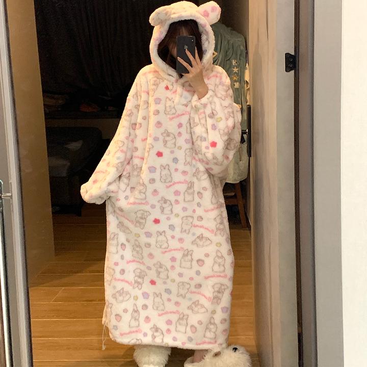 珊瑚绒睡裙女秋冬季中长款大码睡衣冬天加厚保暖长毛绒兔子家居服