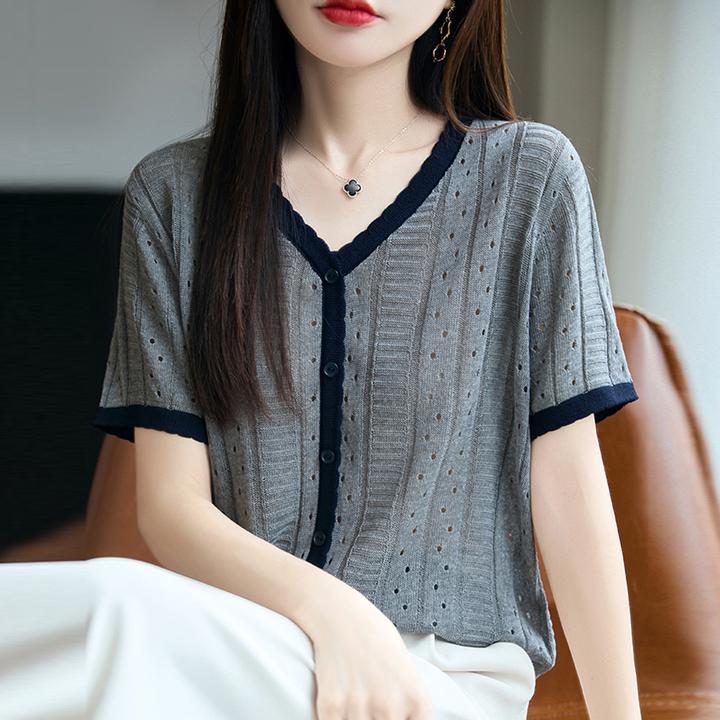 大码女装夏装胖mm冰丝针织衫女士短袖t恤遮肚子巨显瘦v领镂空上衣
