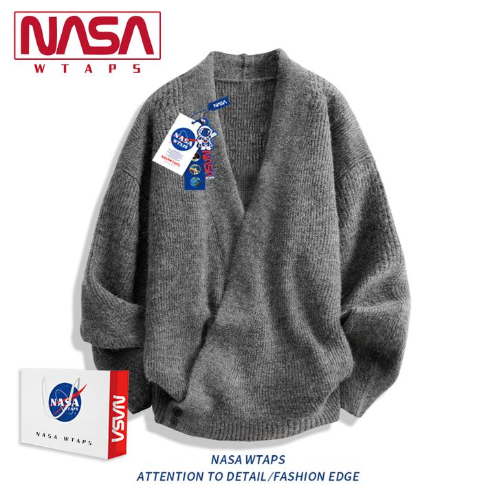 NASA WTAPS慵懒风秋冬季毛衣开衫男款v领长袖针织衫正肩小众外套