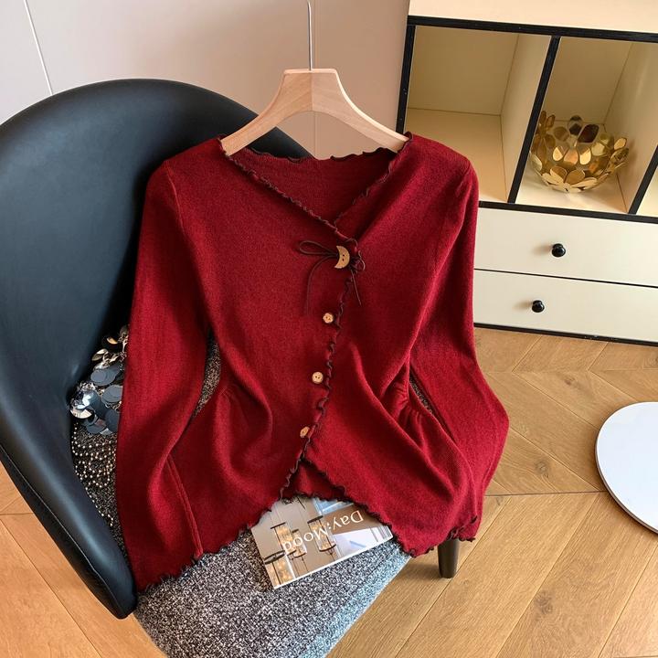 秋季新款韩版休闲纯色简约不规则V领针织衫百搭修身上衣女网红