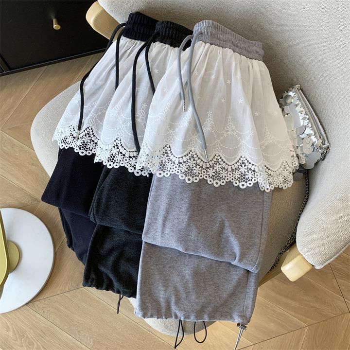 韩系设计感小众蕾丝拼接花边阔腿裤女显瘦直筒百搭休闲卫裤时尚