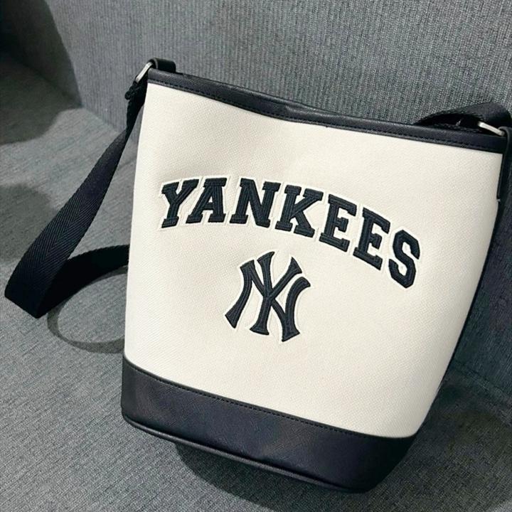 韩国mlb字母刺绣水桶包NY复古大容量斜跨单肩手提男女斜挎