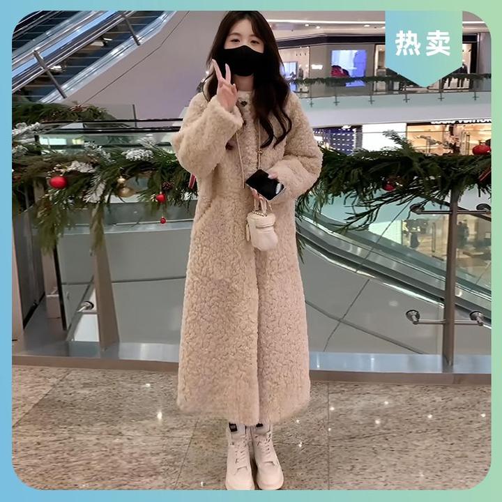 粉色中长款皮毛一体大衣女2025秋冬新款宽松连帽加厚保暖毛毛外套