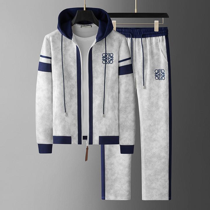 连帽休闲运动套装男士秋季时尚百搭撞色织带宽松外套卫裤两件套潮