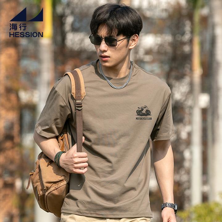 海行咖啡色索罗娜凉感防晒短袖男夏季弹力宽松透气半袖印花T恤