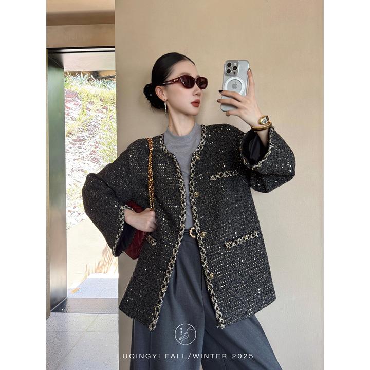 鹭青一原创【无恙】羊毛亮片编织宽松落肩小香短外套L25W2237N