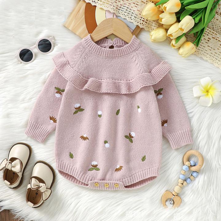 粉色公主女宝宝针织包屁哈衣婴儿毛衣春秋冬短款连体衣洋气爬爬服